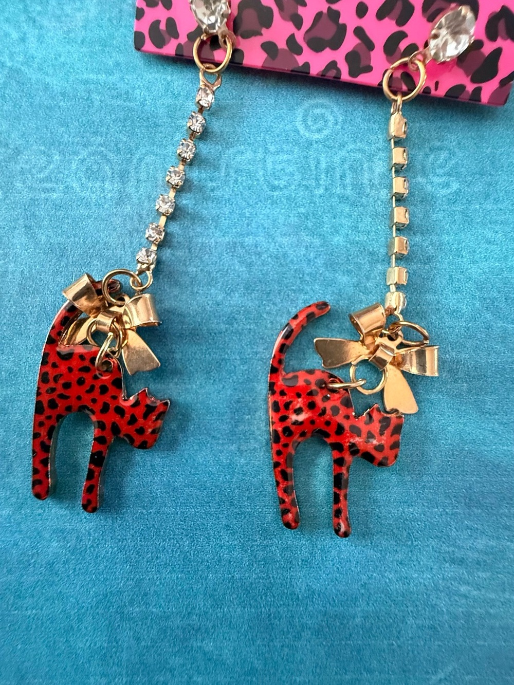 Gold Bow Red Leopard Cat Dangle Earrings for